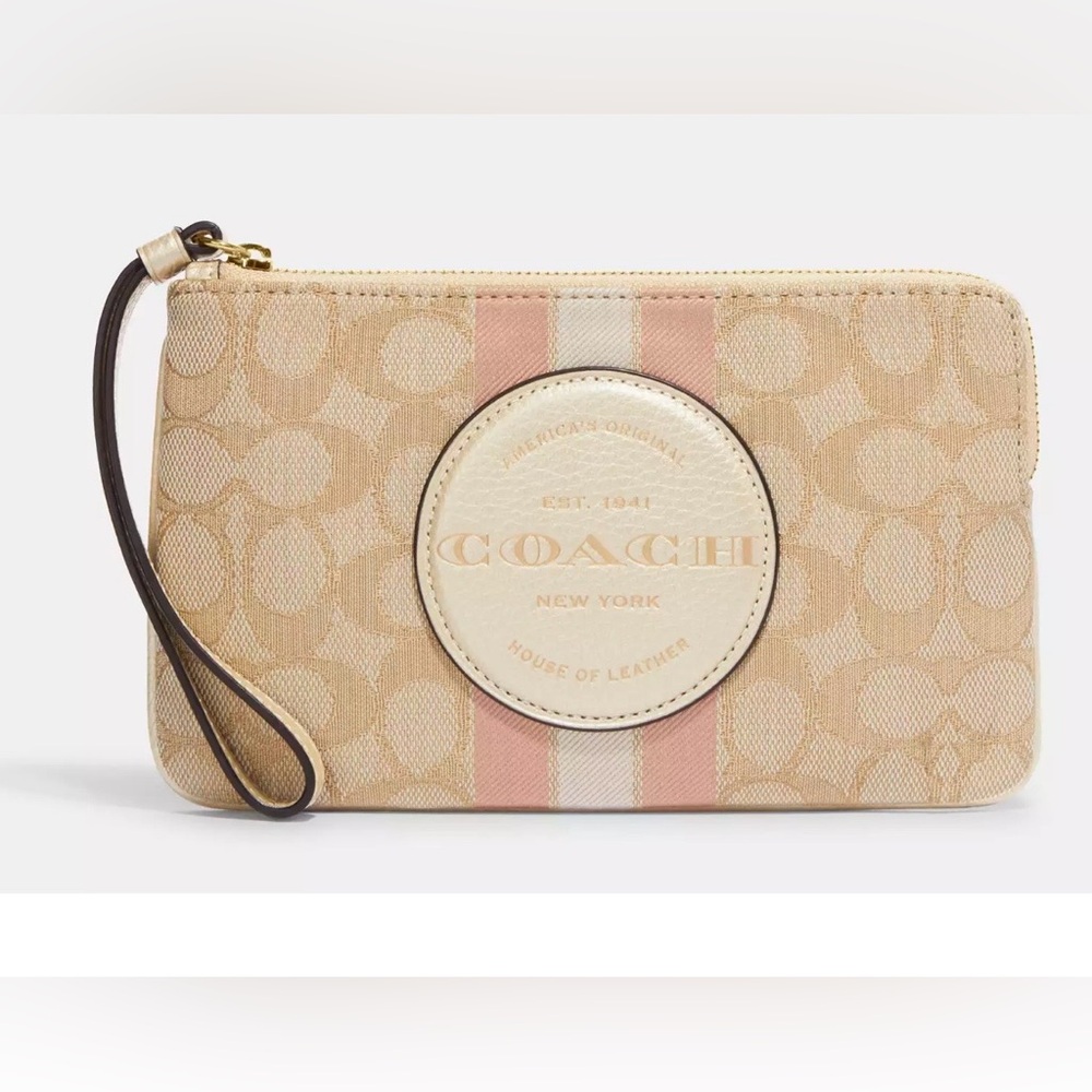 Coach Dempsey Lg Wristlet Signature Jacquard Beige w/Pink Stripe -Full Inclusion - Picture 2 of 9